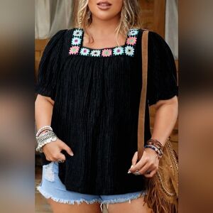 NWOT from @ck880 "Crochet Trim Square Neck Puff Sleeve Textured Top" Black🖤 2X